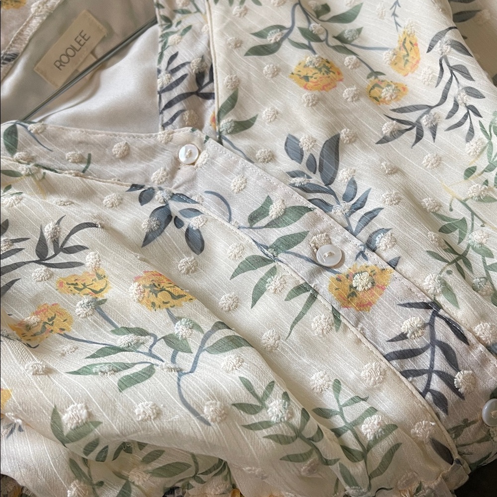 Roolee Embroidered Fully Lined Floral V-Neck Cream Maxi Dress with Puff Sleeves - Picture 5 of 5